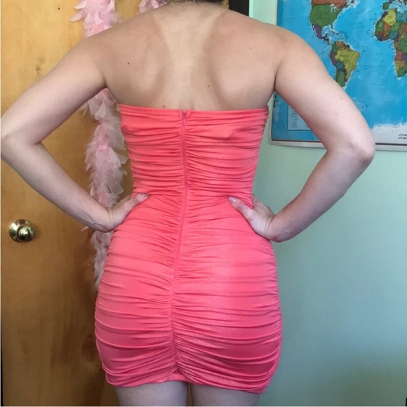 Strapless Coral Mini Dress with Embellishments - Picture 2 of 4